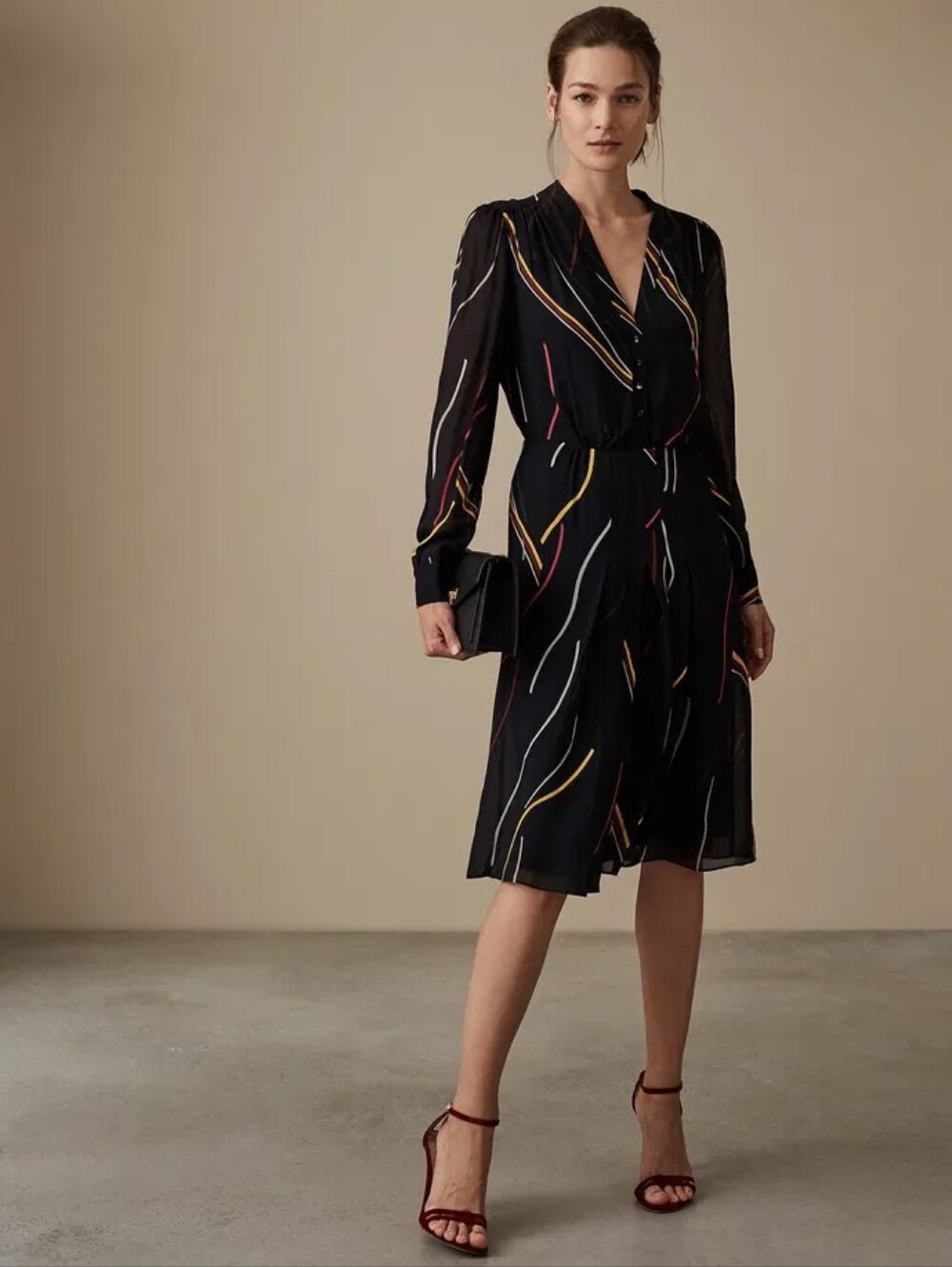 Reiss Caralisa Printed Button Front Long Sleeve Midi Dress